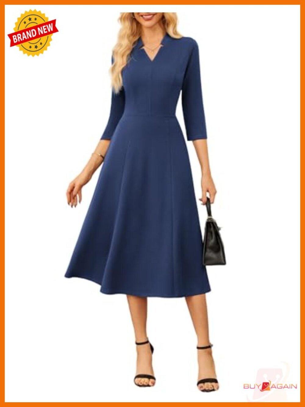 Womens 3/4 Sleeve Fit and Flare Midi Work Church Dress with Pockets